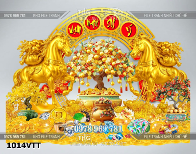 File psd tách lớp 2 con ngựa vàng 3d cây tiền tài lộc 1014VTT