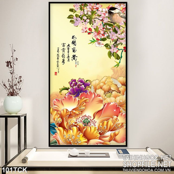 Tranh hoa sen, cá chép và hoa mẫu đơn