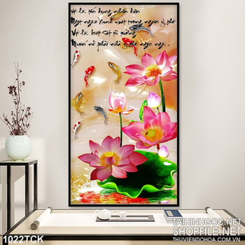 Tranh hoa sen khổ dọc đẹp và cá chép 3d in uv