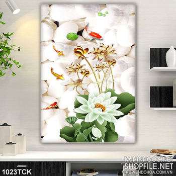 Tranh hoa sen và nền sỏi trắng