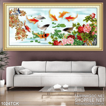 Tranh cá chép và hoa mẫu đơn in uv wall