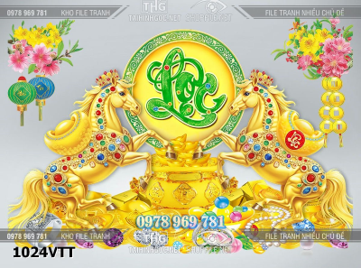 File gốc psd 2 con ngựa vàng kim cương đá quý chữ lộc 3d thư pháp 1024VTT