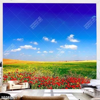 Tranh cánh đồng hoa dưới bầu trời xanh
