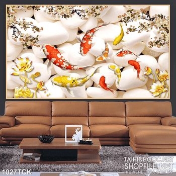 Tranh tranh sỏi trắng 3d wall và cá chép