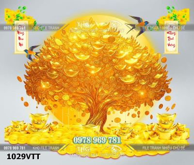 File tranh cây tiền vàng kim tiền câu đối tết 1029VTT