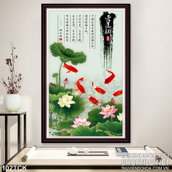 Tranh hoa sen, cá chép thư pháp trang trí