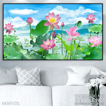 Tranh hoa sen và bầu trời xanh