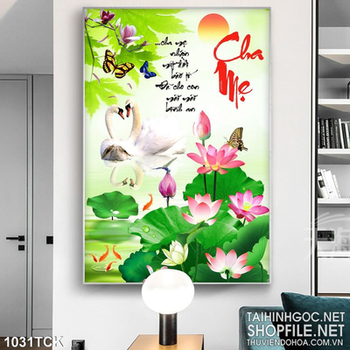 Tranh hoa sen cha mẹ  và thiên nga 3d