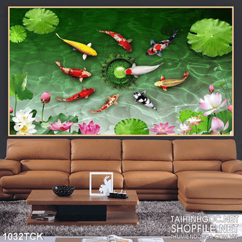 Tranh  viên ngọc xanh và cá chép koi in 3d
