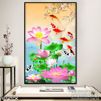 Tranh cây hoa sen và cá chép bơi 3d uv