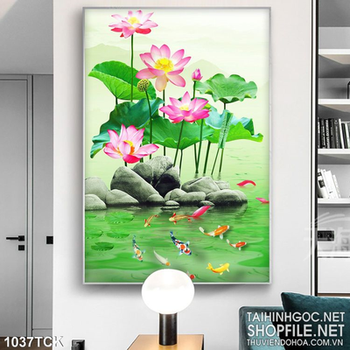 Tranh 3d đá cuội và hoa sen cá chép in uv