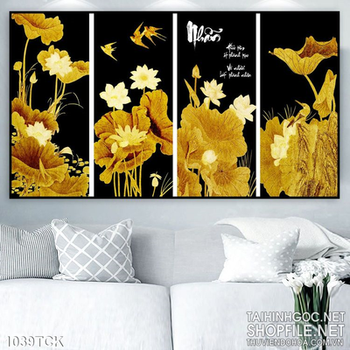 Tranh ghép hoa sen mạ vàng