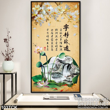 Tranh hoa sen và hoa đào kim tiền