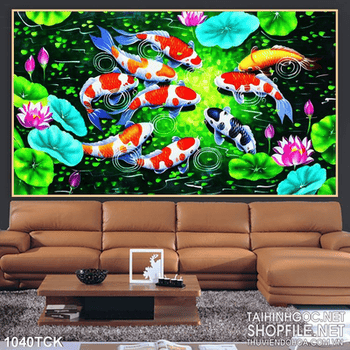 Tranh hoa sen cá koi vẽ đẹp ấn tượng 3d