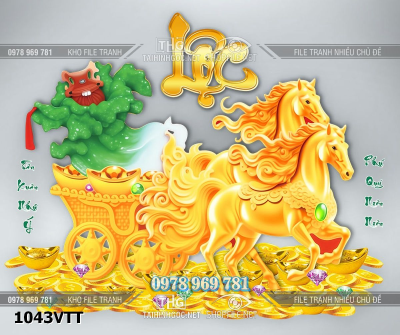 File 2 con ngựa vàng 3d kéo xe vàng tài lộc 3d vàng bạc đá quý 1043VTT
