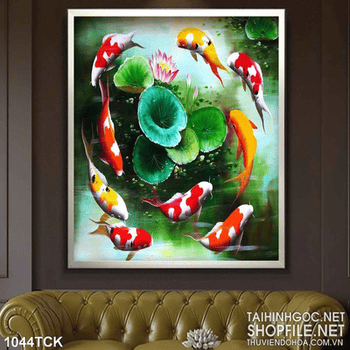 Tranh sơn dầu cá chép bơi quanh bông hoa sen