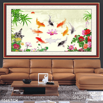 Tranh cá chép bơi quanh hoa sen