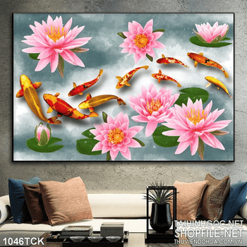 Tranh  hoa sen hồng và cá chép vàng 3d