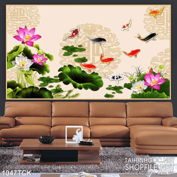 Tranh lá sen và cá chép bơi lội in uv wall decor