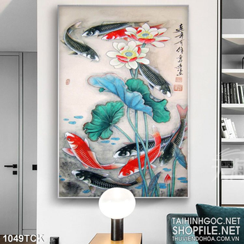 Tranh vẽ sơn dầu cá chép và hoa sen
