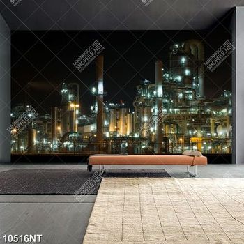 Tranh nhà máy bật sáng đèn ban đêm