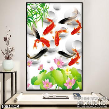 Tranh 3d cá chép wall hoa sen in uv