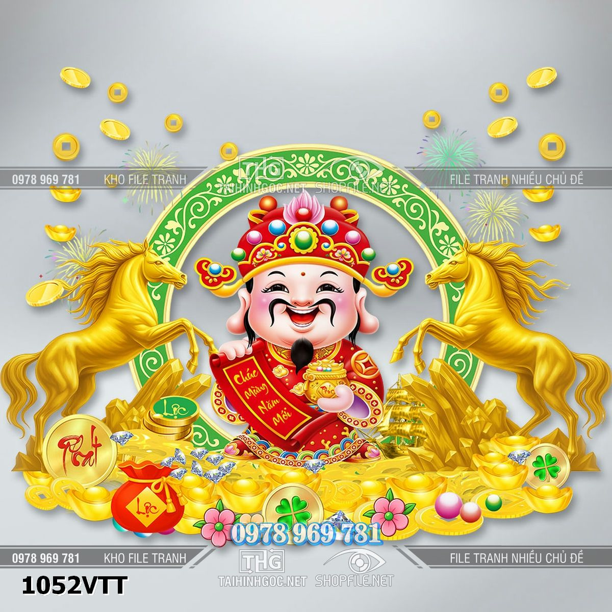 File ông thần tài tài lộc ngựa vàng tiền vàng decor tết psd 1052VTT