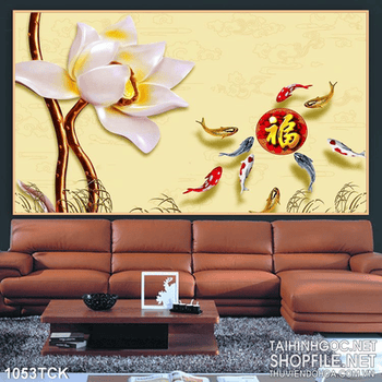 Tranh hoa sen giả ngọc và cá chép 3d decor