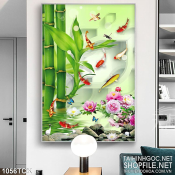 Tranh cây sống đời 3d và cá chép koi