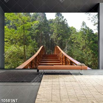 Tranh cây cầu gỗ bước lên khu rừng xanh