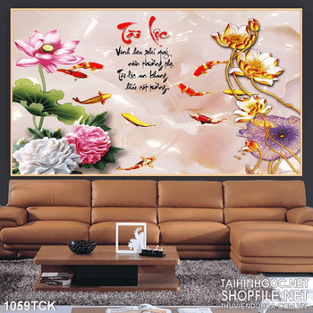 Tranh tài lọc cá chép và hoa sen 3d