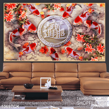 Tranh cá chép quần tự đẹp psd in uv