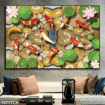 Tranh cá chép hoa sen nền đá cuội đẹp 3d in uv