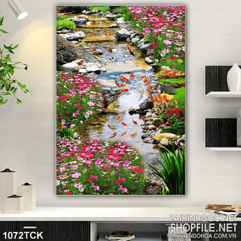 Tranh con suối đẹp và đàn cá koi