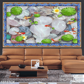 Tranh đá cuộ cá koi và hoa sen