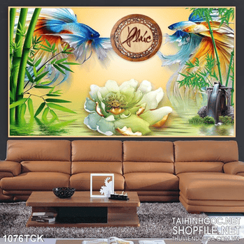 Tranh hoa sen giả ngọc và cá betta