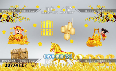 File tranh decal dán kính tết thần tài 2026 ngựa vàng 1077VTT