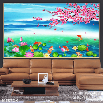 Tranh hoa đào và hoa sen đẹp