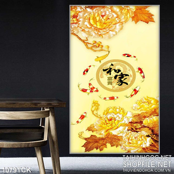 Tranh cá chép khổ dọc và hoa mạ vàng