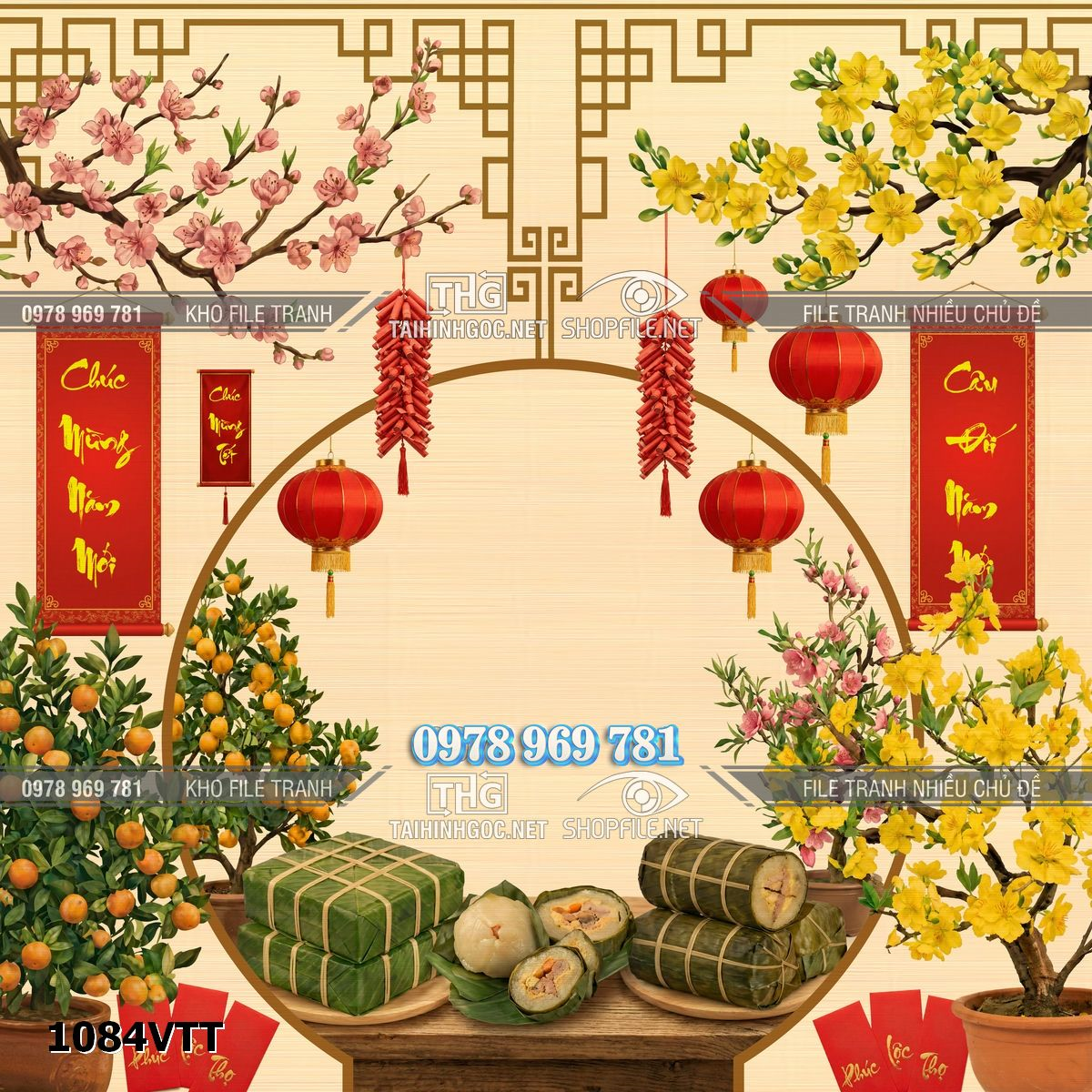 File tranh psd phông nền backgound tết mai đào bánh tét bánh chưng 1084VTT