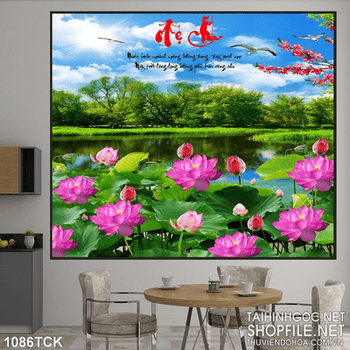 Tranh đầm sen và bầu trời trong xanh in uv