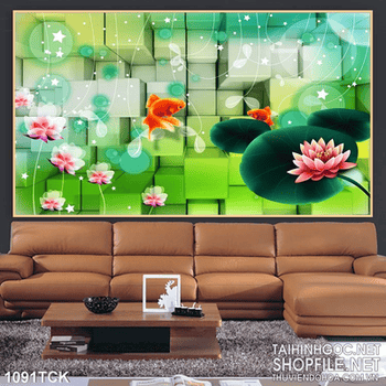 Tranh 3d cá vàng hoa sen đẹp