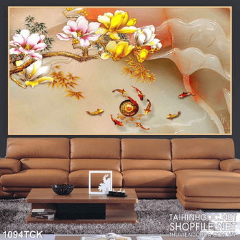 Tranh giả ngọc và cá chép in psd wall