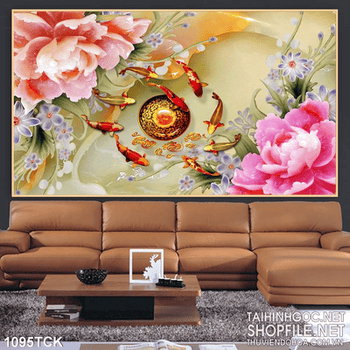 Tranh cá chép hoa mẫu đơn giả ngọc đẹp ấn tượng