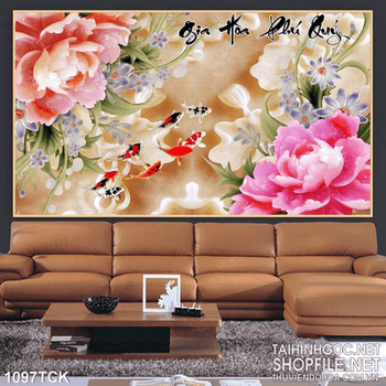 Tranh in uv hoa mẫu giả ngọc và cá chép