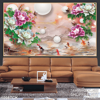 Tranh giả ngọc hoa mẫu đơn và cá chép 3d