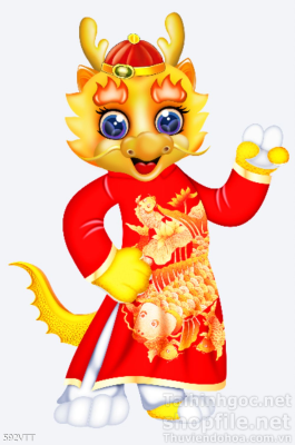 File PSD rồng vàng mặc áo dài đỏ cười vui vẻ