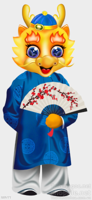 File PSD rồng vàng mặc áo dài xanh cầm quạt