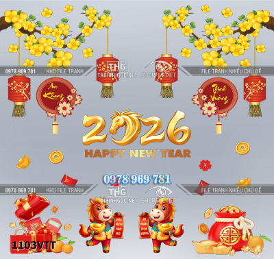 File decal dán kính tết năm mớ 2026 năm bính ngọ mai đào 1103VTT
