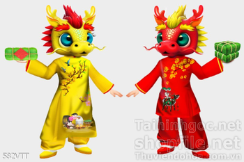 File PSD cặp rồng vàng cầm bánh chưng xanh đón Tết